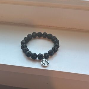 Rustic Cuff Black Beaded Bracelet with Silver Charm